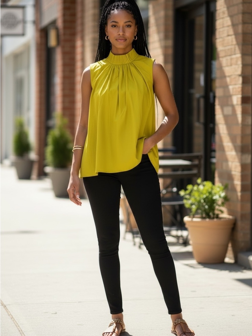 Banana Republic Sleeveless Pleated Mock Neck Blouse in Chartreuse